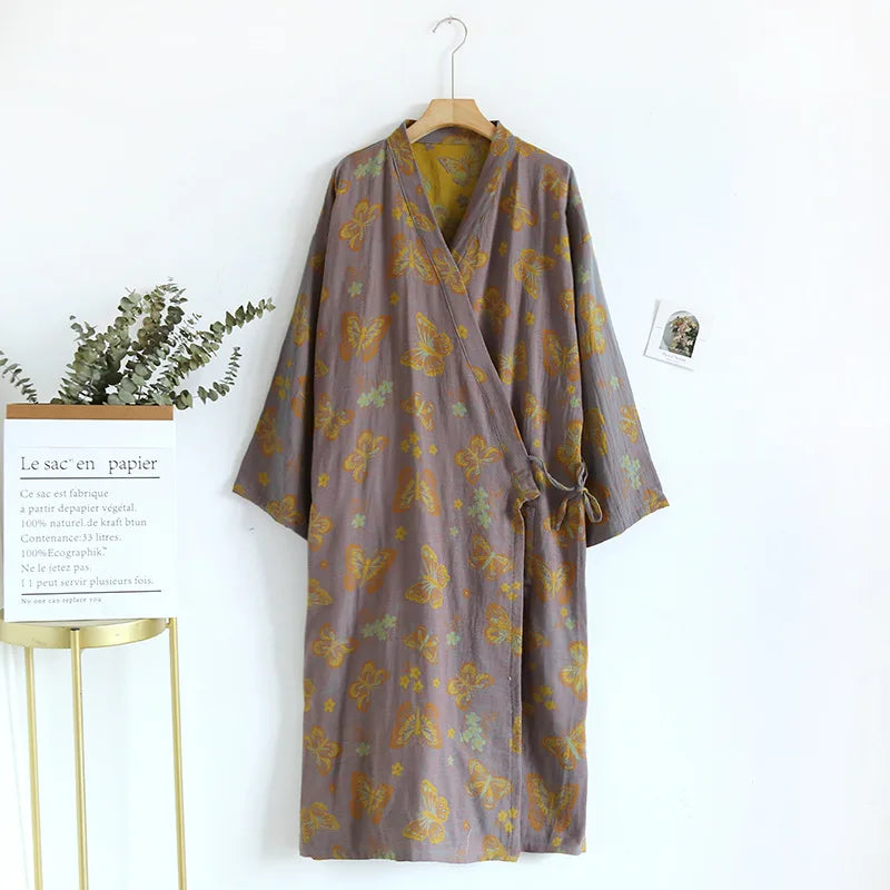 Spring Summer 100% Cotton Sleepwear Jacquard Japanese Kimono Sleeping Robe Loose Comfortable Home Bathrobe Women Dressing Gowns