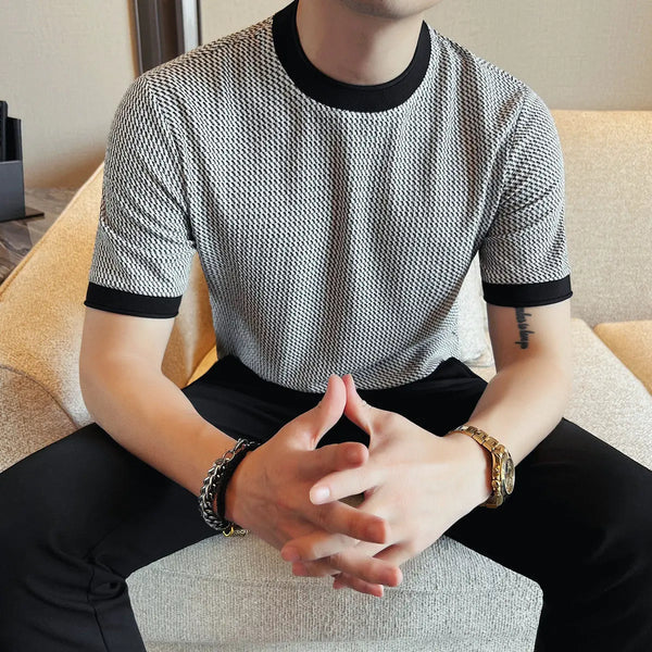 Men's Slim Fit Knitted T-Shirt Short Sleeve O-Neck Contrast Color Striped Stretchy Summer Casual Top Fashion Light Luxury Tee