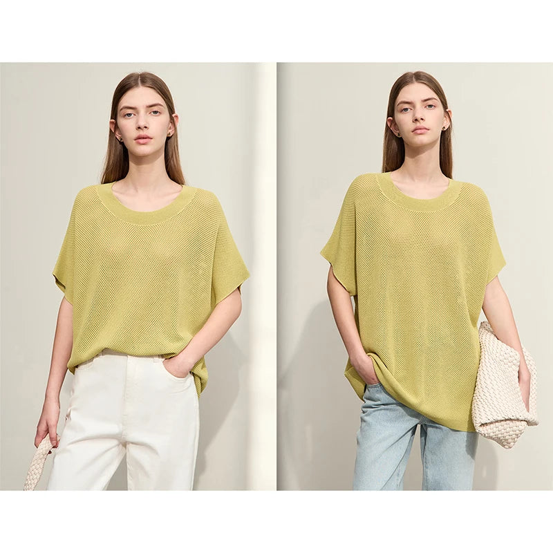 អាវយឺតប៉ាក់ AMII Minimalism សម្រាប់ស្ត្រីឆ្នាំ ២០២៥ រដូវក្តៅថ្មីធម្មតាកមូលរោមចៀមប្រហោងរលុង Streetwear កំពូលទាន់សម័យ 12442024