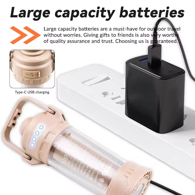 Multifunctional LED Camping Light 6 Lighting Modes Flashlight with Hook Type-C Rechargeable for Emergency Tent Yard Car Repair