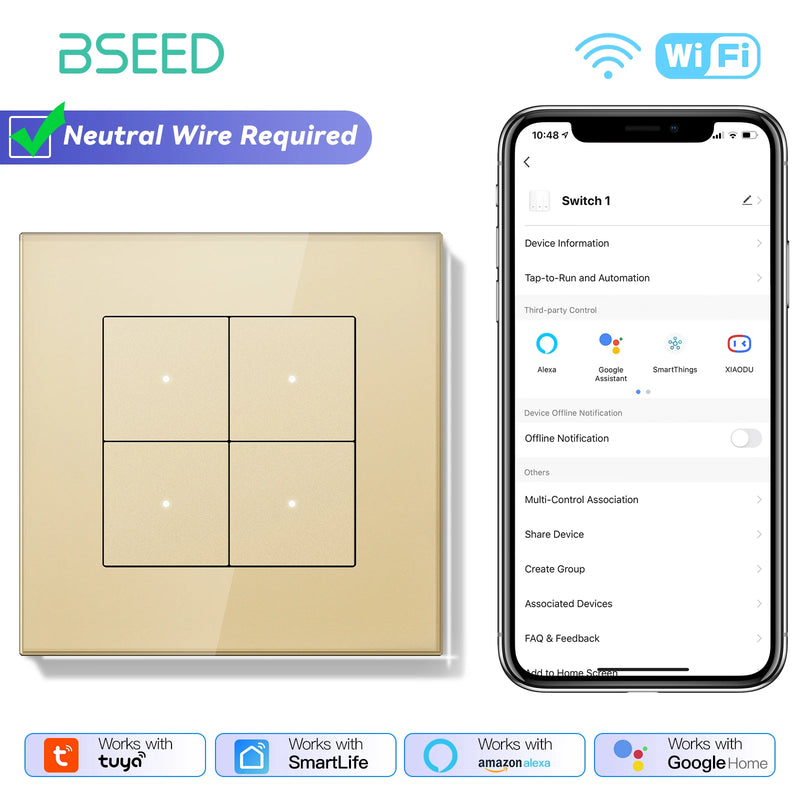 BSEED WIFI Smart Push Button Switch 1/2/3/4Gang 2Way APP Remote Control Glass Panel LED Indicator Tuya Smart Life Alexa Control