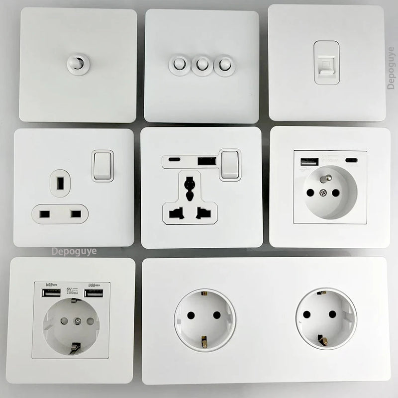 White Antique Stainless Steel Panel Wall Lamp Switch, Toggle Wall Dimmer Switch Socket EU USB Plug Socket 220V Electrical On Off