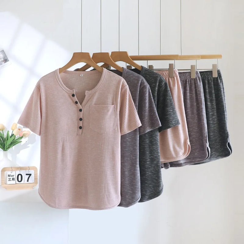 Chest Pads Women’s Summer Pajamas for Women Two-Piece Pijama Short Sleeve Sleepwear Night Wears For Females Loungewear Suit