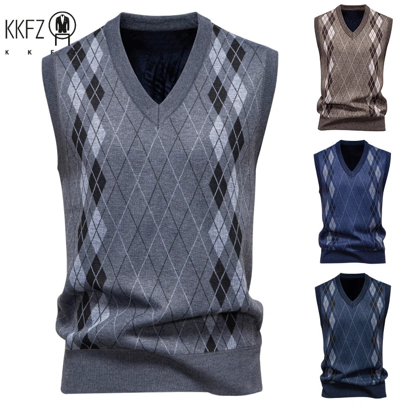 Men's V-Neck Knitted Sweater Diamond Grid Twisted Flower Casual Fashion Top for Autumn Winter Versatile Knitwear