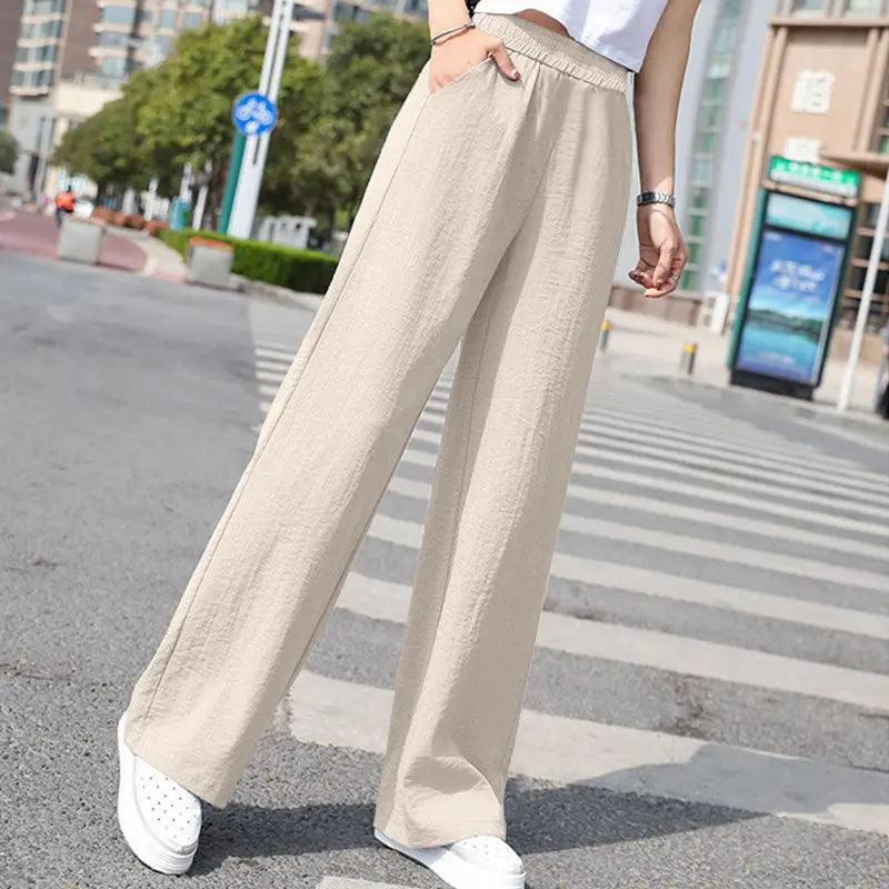 Women's Purple High-Waisted Wide-Leg Pants, Summer Lightweight Trousers, Asian Sizes S-3XL, Available in Beige, Orange, Black.