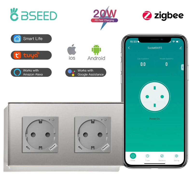 BSEED Zigbee Smart Socket 20W Fast Charge USB Type-C Phone Charge Port Glass Panel Tuya Google Home Alexa Control