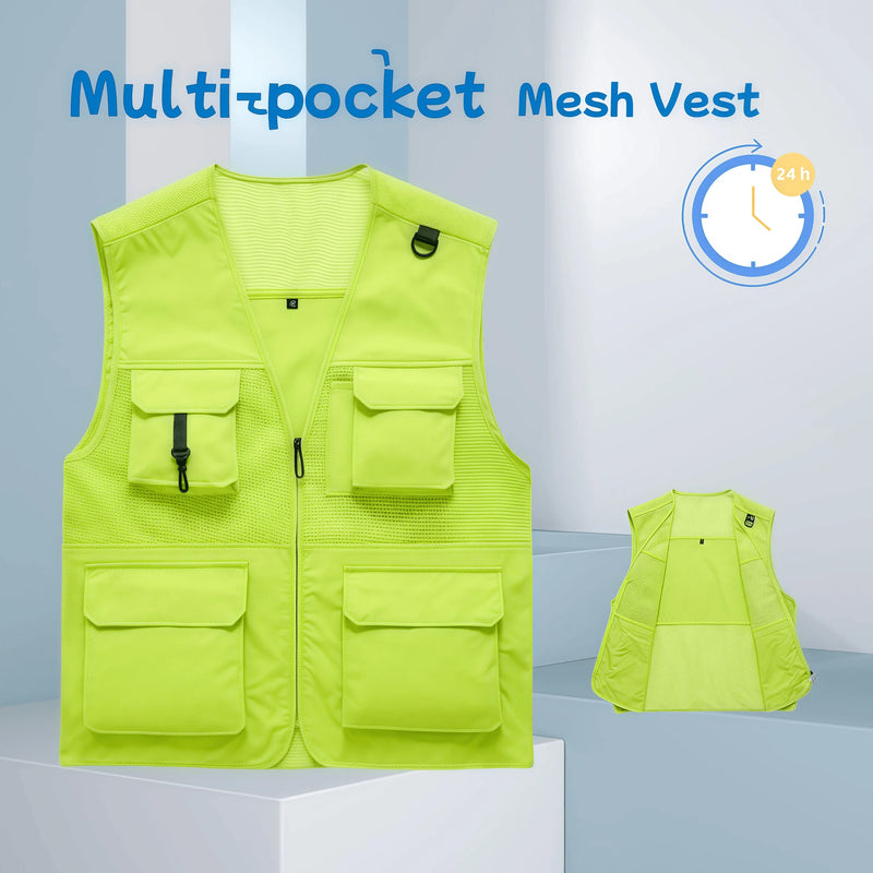 Solid fluorescent color breathable net V-neck vest Multi-pocket Work and leisure vest  custom logo for group activities