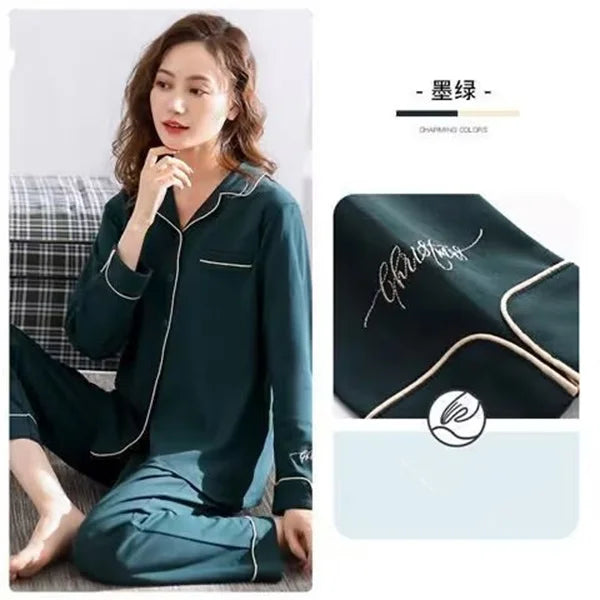 M-4XL Large Size Middle Aged Mother Pajamas Set Lapel Shirt Long Sleeve Sleepwear Night Suit Casual Home Clothing Pijama Women