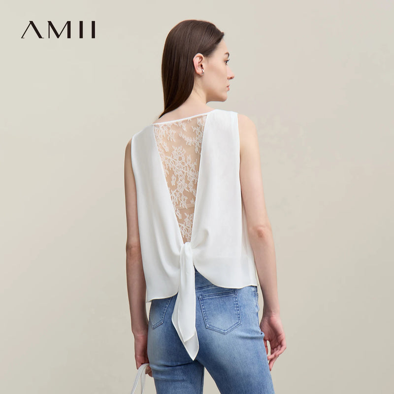 Amii Sleeveless Blouse For Women 2026 Summer New Round Neck Chiffon Tank Top Loose Flowy Sheer Lace Women's Camisole 12642035