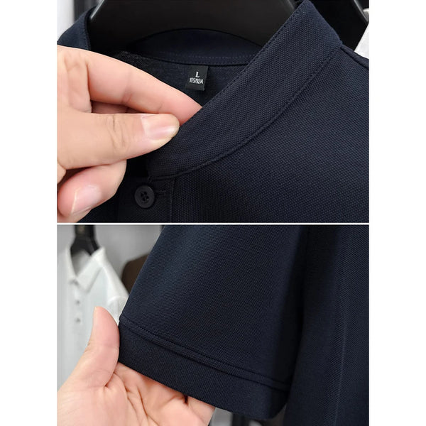 Men Summer Short Sleeve T-Shirt Little Stand Collar Solid Color Casual Loose Tee with Side Split Hem