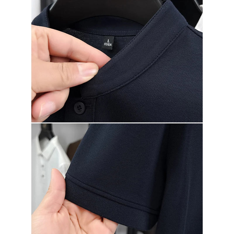 Men Summer Short Sleeve T-Shirt Little Stand Collar Solid Color Casual Loose Tee with Side Split Hem