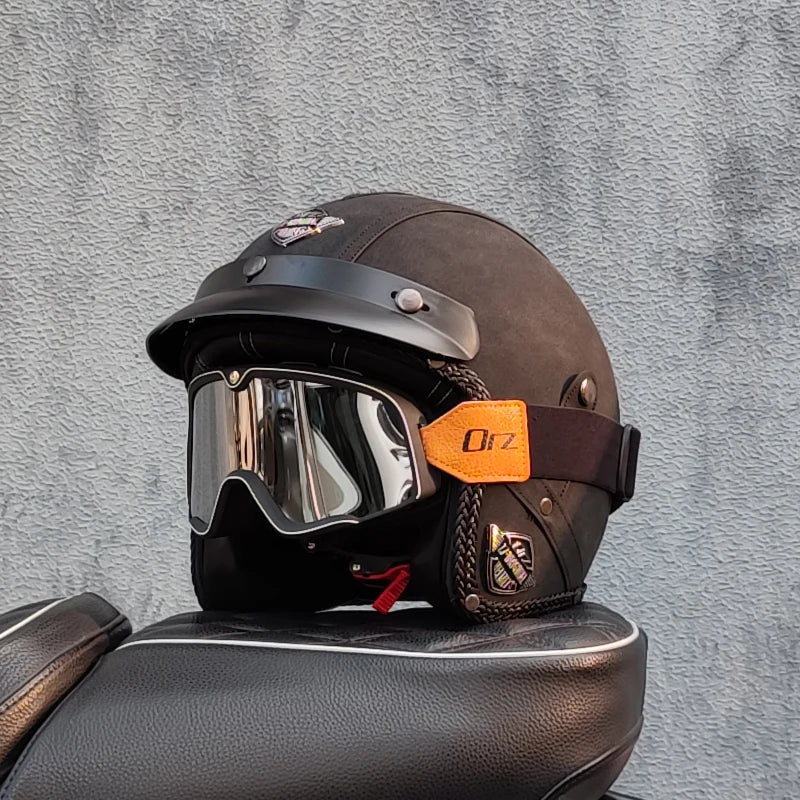 Motorcycle retro helmet PU leather 3/4 scooter half helmet couple helmet DOT approved M-XXL