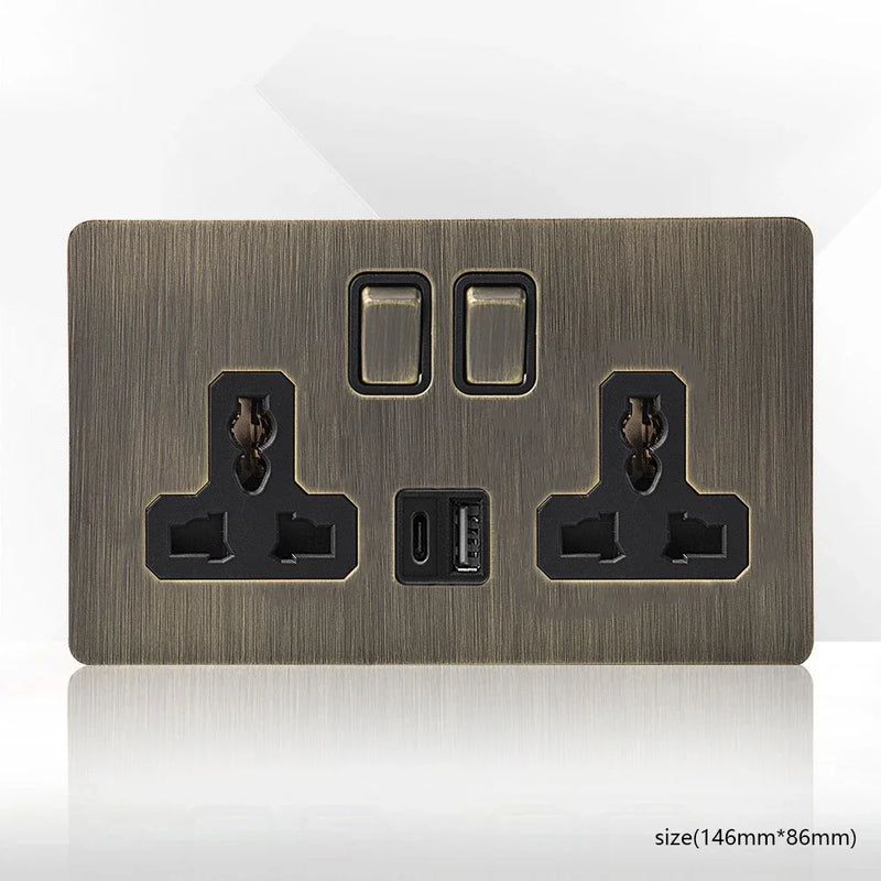 Retro EU FR Metal Panel Wall Toggle Light Switch Socket plug,Bronzed Antique Stainless Steel German 16A Socket with USB Charging