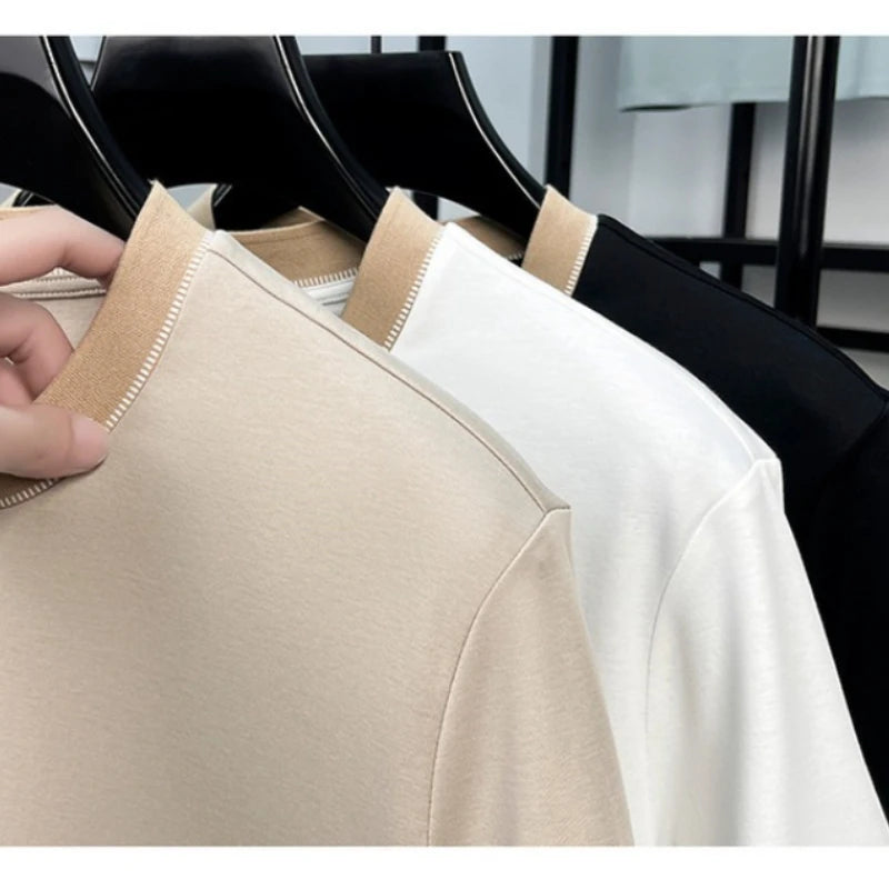 Men's 2026 Spring Summer Contrast Collar T-Shirt, Soft Cotton Blend, Round Neck Short Sleeve, Smart Casual Daily Wear
