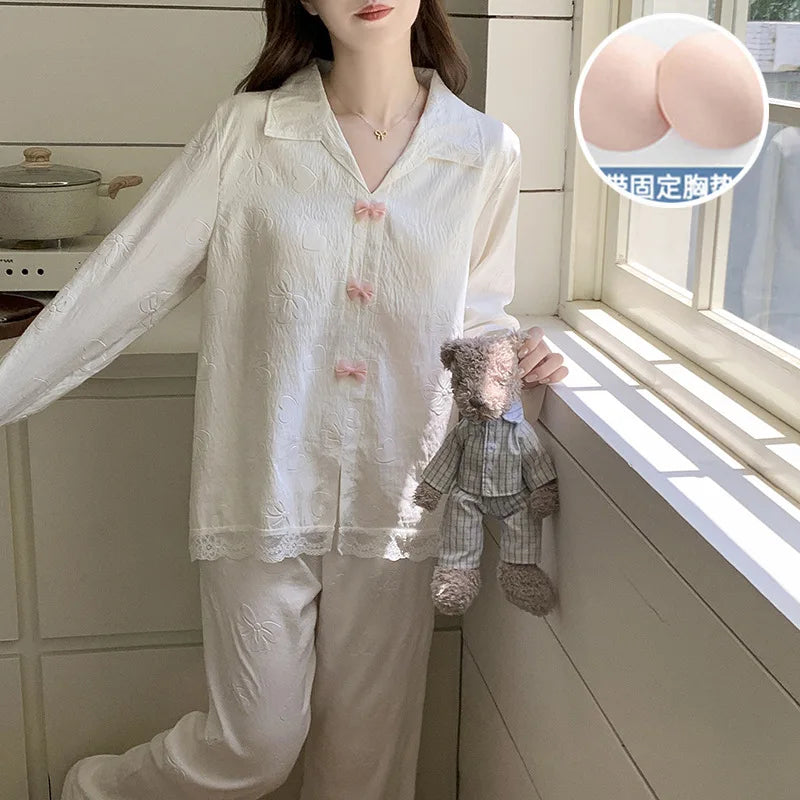 Korean Casual Women's Pajamas Set Sweet Cotton Nightwear Spring Autumn Sleepwear For Sleeping Bra Pad Home Suit For Women