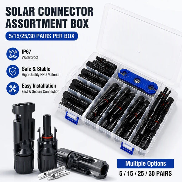 ឈុតឧបករណ៍ភ្ជាប់ខ្សែ PV ថាមពលព្រះអាទិត្យចំនួន 5/15/25/30 ឈុត ជាមួយនឹងតួខ្សែឈ្មោលញី និងម្ជុលគៀប ប្រដាប់ចាប់ និងប្រអប់ផ្ទុក