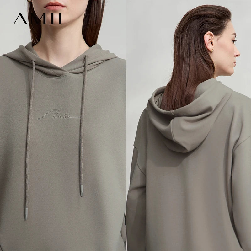 AMII Minimalist Women Hoodie Cotton 2026 Autumn Streetwear Sweatshirts Letter Embroidery Loose Hoodies Casual Pullover 12543134