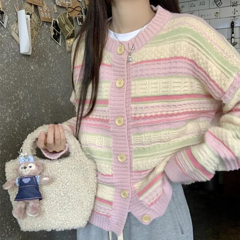 Soft Contrasting Color Striped Crew Neck Knitted Cardigan Coat Women's Autumn Winter Top Casual Sweater Jacket Knitwear Traf