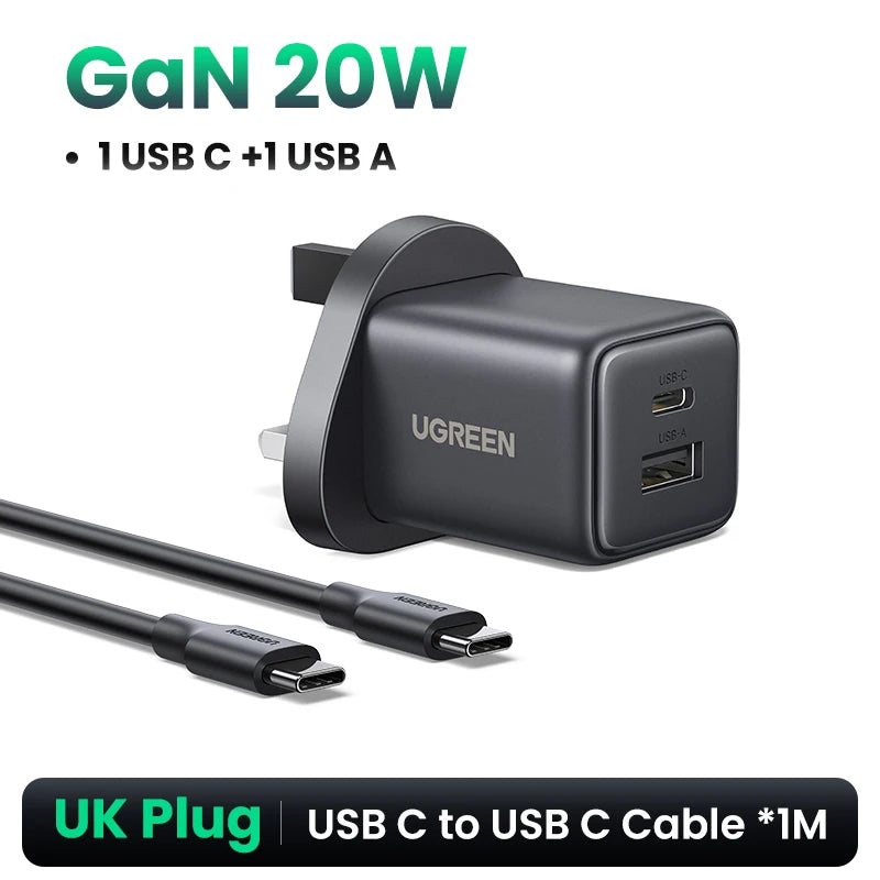 UGREEN 20W GaN Charger PD3.0 QC3.0 Mini USB C Phone Charger For iPhone 18 17 16 Pro Max Samsung S26 Xiaomi Tablet iPad Air Pro