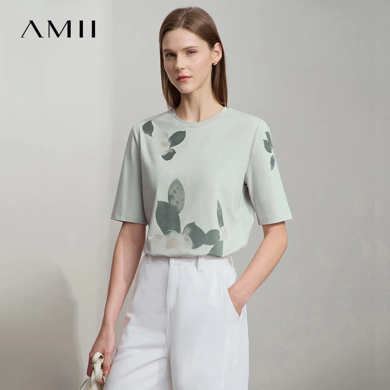 អាវយឺត AMII ធម្មតាសម្រាប់ស្ត្រីឆ្នាំ ២០២៥ ដៃខ្លីកមូលផ្កាត្រង់អាវស្ត្រីទាន់សម័យ 12522100