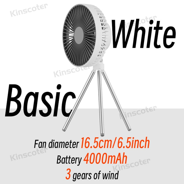 KINSCOTER 10000mAh Camping Tent Fan Multifunctional Rechargeable Desktop Fan USB Outdoor Ceiling Fan with LED Light Lamp Basic White