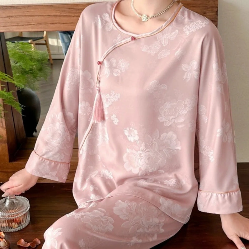 Silk Pajamas Set Night Wear Female Sleeping Wear for Woman Sleepwear Pyjamas Floral Spring Autumn Long Sleeve Pajamas for Lady