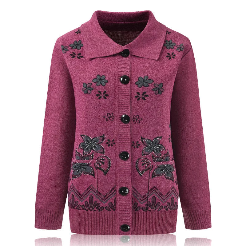 Print Mother Sweater Cardigan Top 60-80 Years Old Middle-Aged Elderly Women's Woolen Jacket Spring Autumn Knitted Shirt