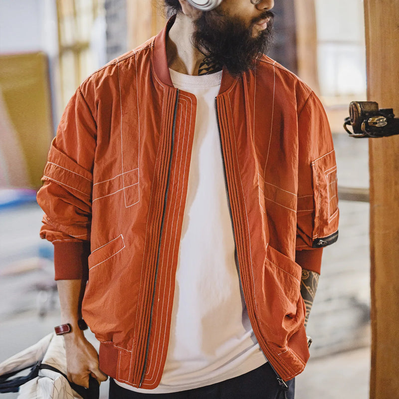 Maden Men‘s Vintage MA-1 Bomber Jacket Red Lightweight Pilot Coat with Zipper Classic Baseball Style Jacket for Spring Autumn