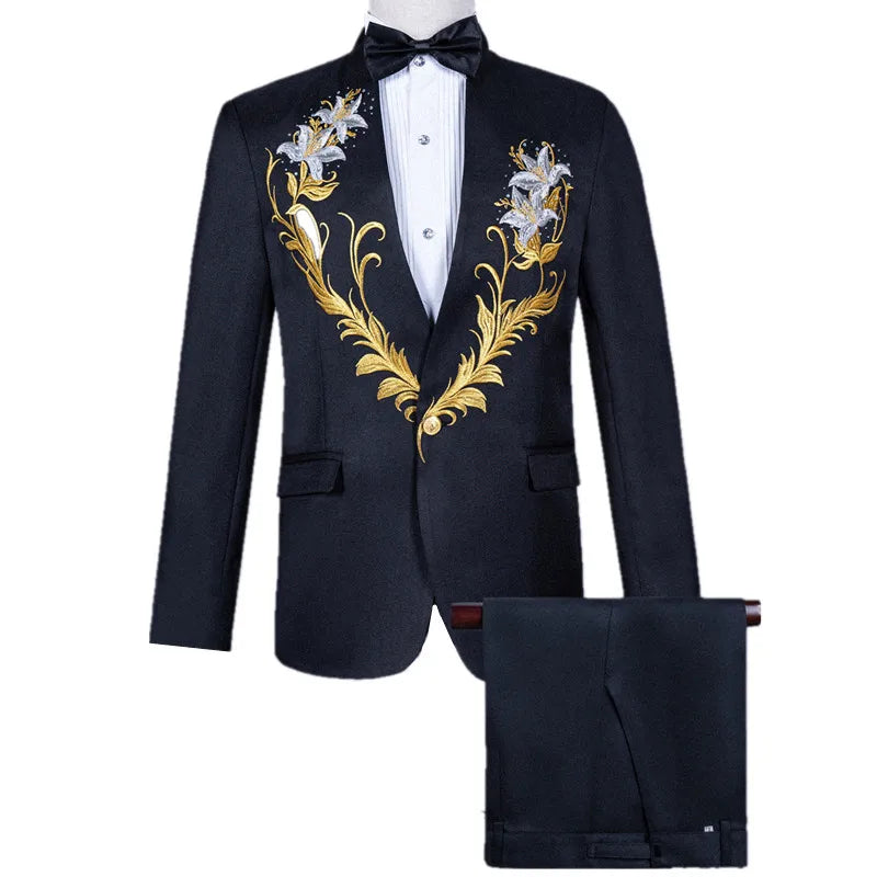 Men's Black Two-Piece Suit Set: a Slim-fit Embroidered Jacket for Weddings and Parties, Paired with Slacks; Asian Sizes.