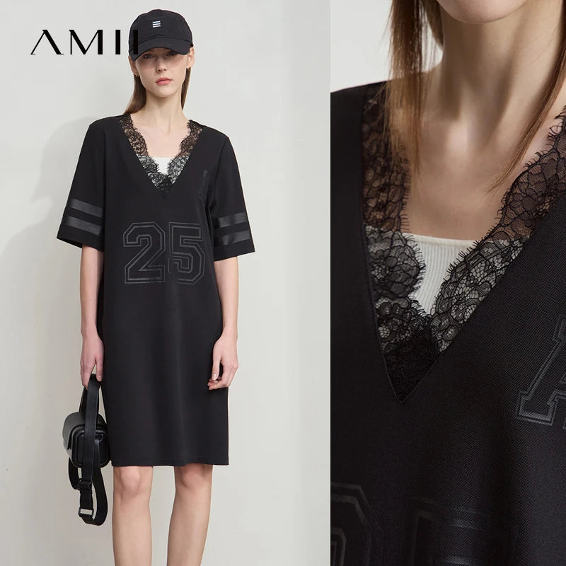 Amii Women Dress 2026 Minimalist Lace Patchwork V-Neck Loose Letter Number Print Medium Sleeves Straight Tube Dress 12542008