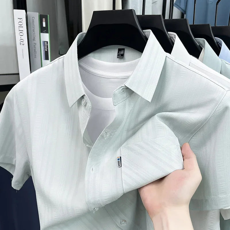 Mens Short Sleeve Shirt Casual Regular Fit Button Up Lapel Collar With Pocket Soft Breathable For Business Weekend Wear