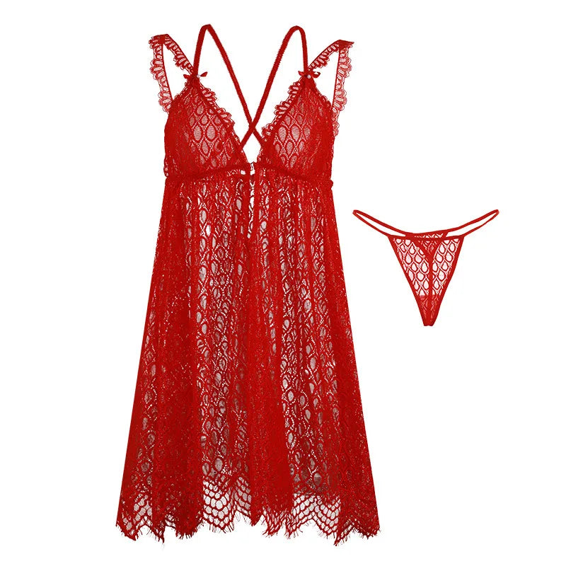 Casual New Large Size Lingerie For Women Sexy Sling Short Dress Thin Lace Summer Nightgowns For Female Night Wear Sleepshirt