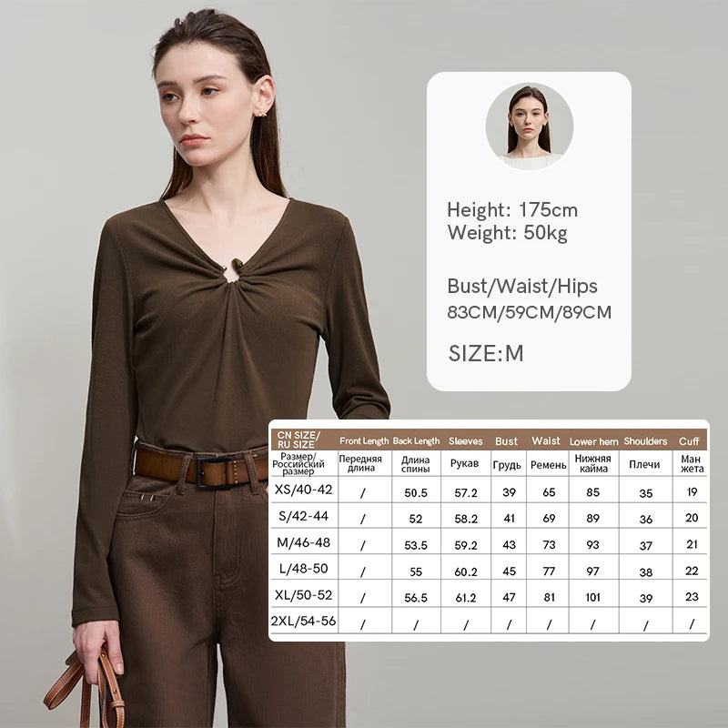 AMII 2026 Autumn Minimalism Solid V-neck T-Shirt Office Lady Long Sleeves Basic Slim Detachable Design Women Clothing 12523066