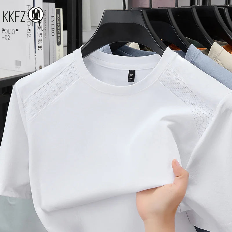 All Season Basic Solid Male Short Sleeve T Shirt Mesh Spliced Shoulder Home Rest Daily Commute Leisure Garment