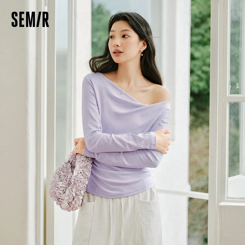 Semir Slim Fit Tshirt Women 2026 Spring Short Asymmetric Neck Oblique Shoulder Solid Color Casual Fashion Stylish Top