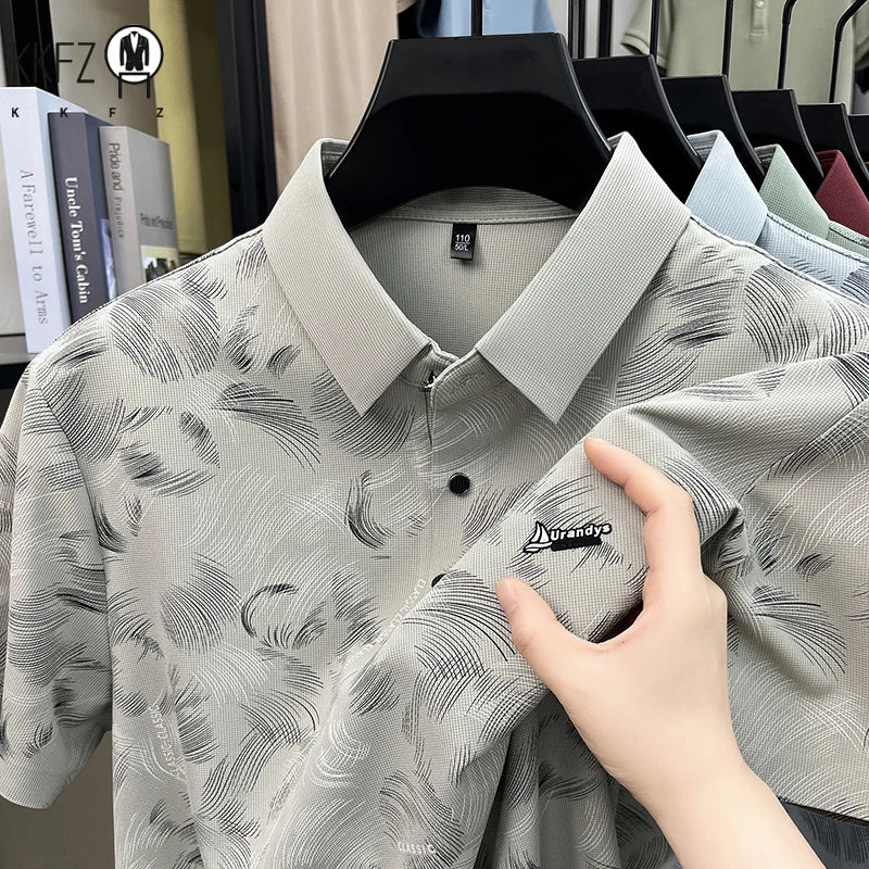 Everyday Wear Abstract Feather Printed Lapel Polo Mens Soft Cloth Casual Dinner And Post work Walking Apparel