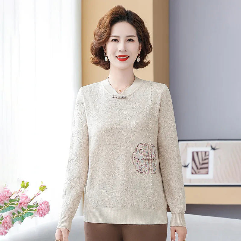 Sweater Women Trends 2025 Vintage Print Middle Aged Mother Pullover Tops Spring Autumn Woolen Jumper Knitwear Female Clothing