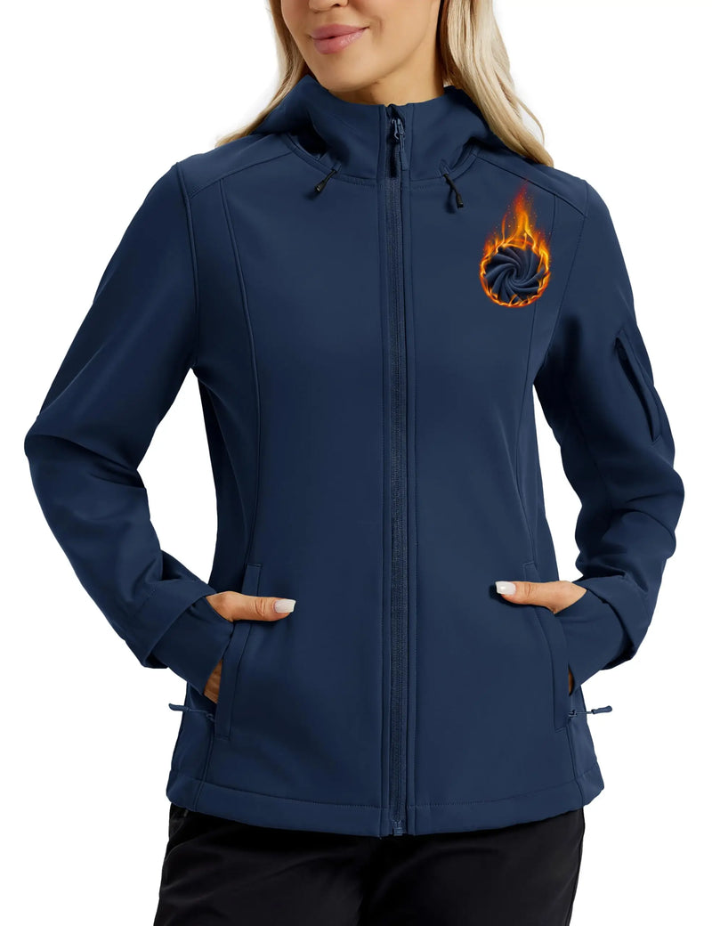 TACVASEN Waterproof Fleece Lined Women's Softshell Jacket Hooded Outdoor Hiking Camping Jacket Lightweight Warm Thermal Coat