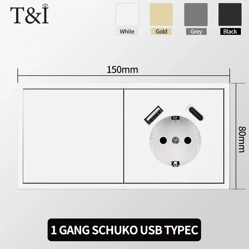 European Wall Socket EU Outlet, USB Type-C Charging Ports, 1/2 Gang Light Switch, 16A 250V, Flush Mount, White Panel, 80×80mm