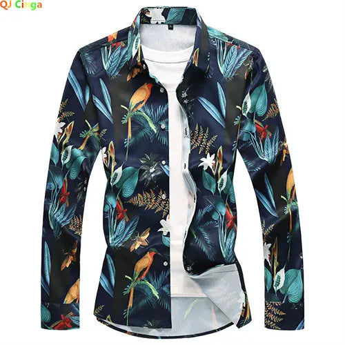 Asian Size Small Stretch Men' Long Sleeve Printed Shirts, Fashion Casual Flower Shirt, Single Breasted Square Collar Tops Camisa