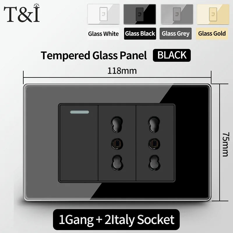 T&I Wall Switch Sockets With USB TypeC  Fast Charging, Italy Socket , Chile Schuko Outlet, Tempered Glass Panel for Home