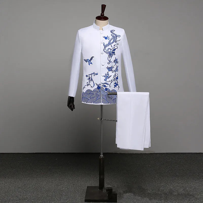 Chinese-style Men's Two-piece Suit Set Featuring A Jacket with Gold Embroidery and Matching Pants, Available in Red,White,Black.