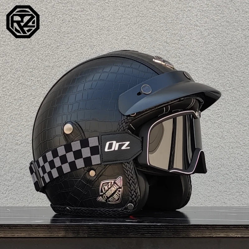 Vintage Leather 3/4 Jet Motorcycle Helmet, Handmade Leather Surface Adult Scooter Cruiser Riding Helmet Casque Moto
