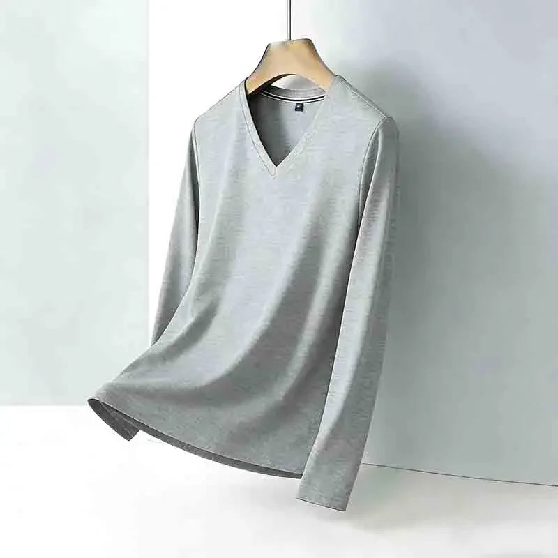 Men's Tan V-neck Long Sleeve Knit Top Classic Solid Color Everyday Outfit for All Ages