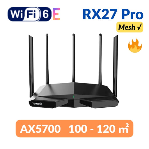Tenda WiFi6 Router AX5700 RX27 Tri-Band Gigabit Wi-Fi 6E Mesh Router Wireless Roteador 160MHz BandwidthOFDMA &amp;MU-MIMO 1024QAM AX5700 Mesh