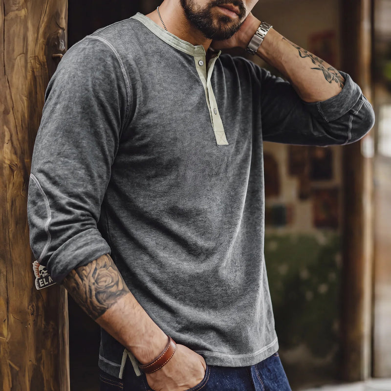 អាវយឺតដៃវែង MADEN Henley សម្រាប់បុរស ពណ៌ប្រផេះស្រាល លាយឡំជាមួយសម្លៀកបំពាក់បែប Vintage រដូវស្លឹកឈើជ្រុះ