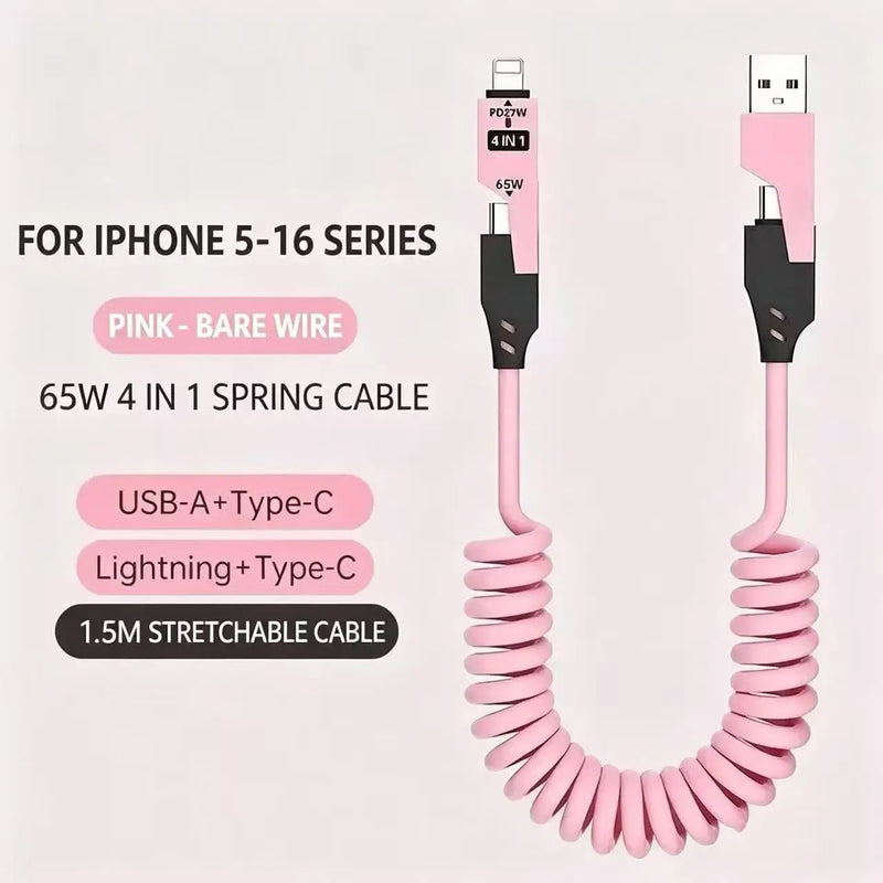 4 IN 1 Retractable Spring Charging Cable 65W PD Fast Charge Multi‑Connector Phone USB Cable