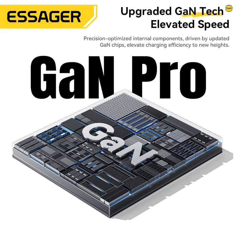 ឆ្នាំងសាក Essager 65W GaN Pro ជាមួយខ្សែប្រភេទ C ដែលអាចដកថយបាន 3 ក្នុង 1 ឆ្នាំងសាកធ្វើដំណើរលឿនសម្រាប់ iPhone 17 16 Pro Samsung Laptop Macbook