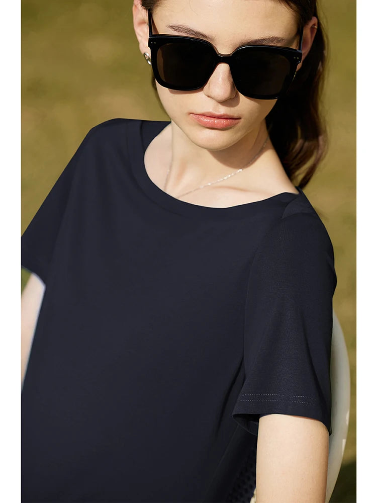 Amii Minimalism 2026 Women T-shirt Summer New Simple One-line Collar Cotton Short-sleeve Female Solid Color Casual Tops 12422177