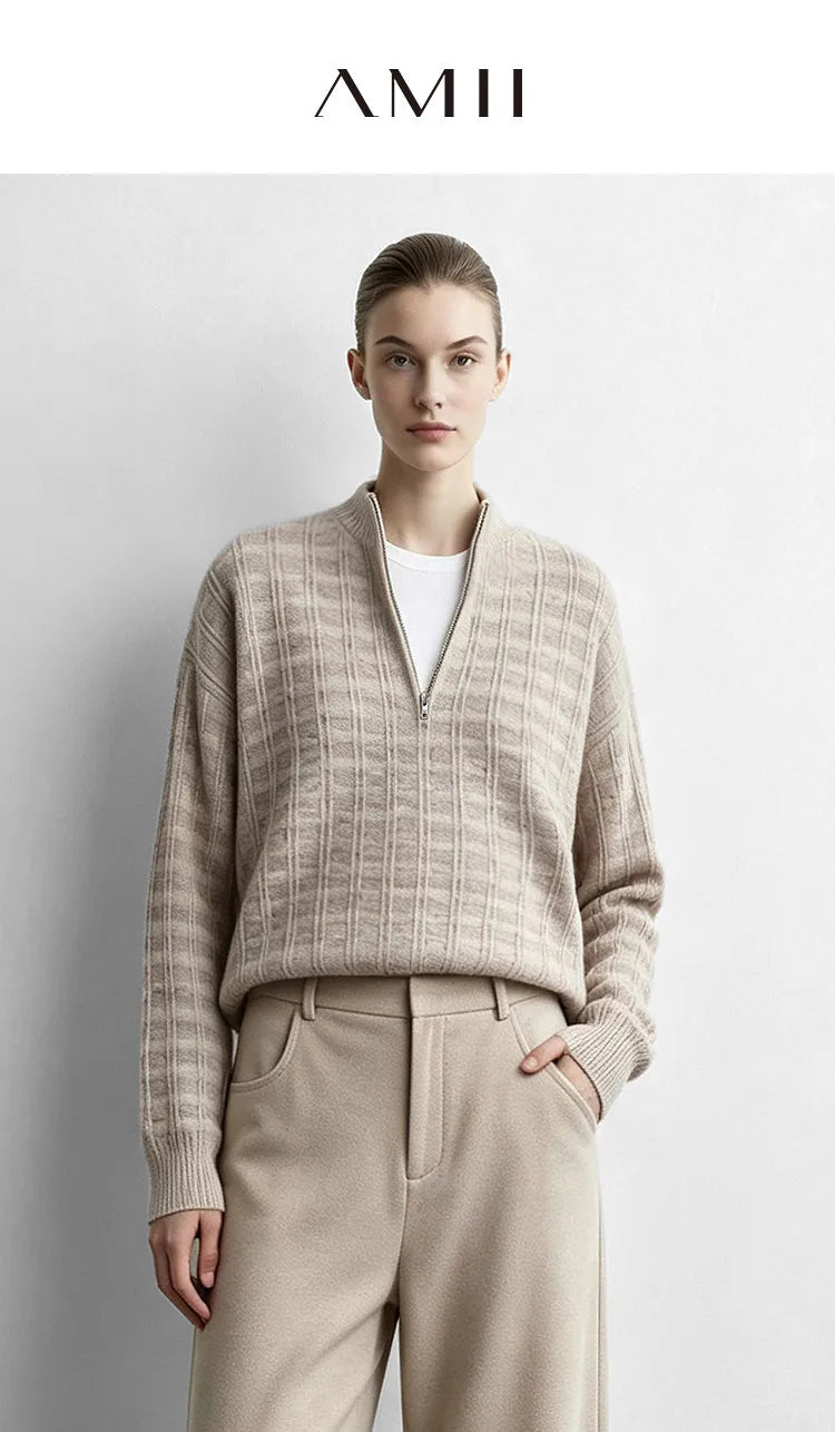 អាវយឺត Amii Speckled Yarn Mock Neck ប៉ាក់ពាក់កណ្ដាល Zip ស្មាទម្លាក់ចុះ ដៃអាវវែងទំហំធំ អាវយឺតរដូវរងាធម្មតាសម្រាប់នារី 12644045
